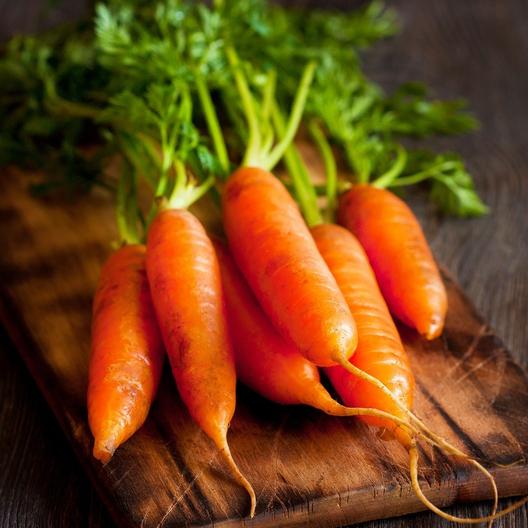 A close-up of & # 39; Little Finger & # 39; carrots, freshly harvested and cleaned, with foliage still attached, on a wooden surface, with the background fading to soft focus.