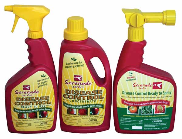 Serenade® Garden Disease Control products (three different bottles) on white, isolated background.